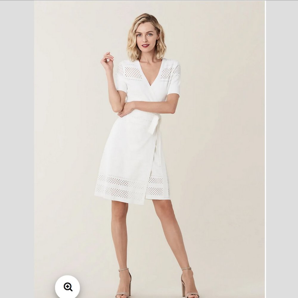NWT DVF Ivy Perforated Stretch-Knit Wrap Dress In Ivory- Small